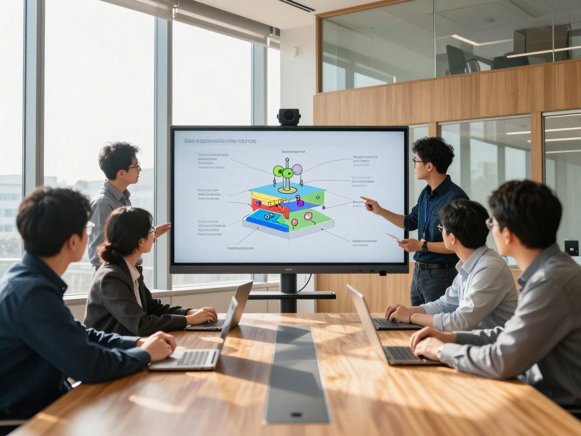 Researchers from engineering, biology, and computer science collaborate in a bright meeting room, discussing a complex simulation model displayed on an interactive whiteboard with a multi-layered diagram of biological and mechanical components.