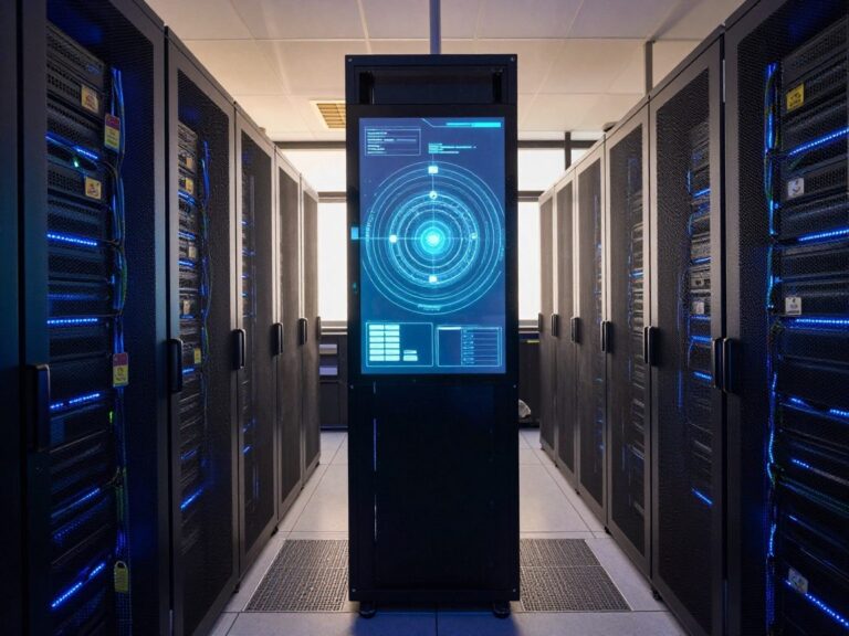 Wide‑angle view of a server room at dusk, blue LED strips illuminate rack servers and cables; a central control tower displays a holographic network diagram showing security layers.