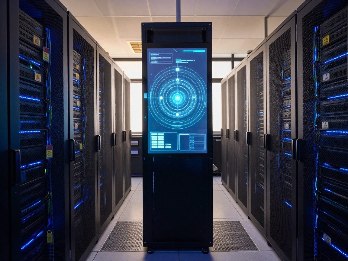 Wide‑angle view of a server room at dusk, blue LED strips illuminate rack servers and cables; a central control tower displays a holographic network diagram showing security layers.