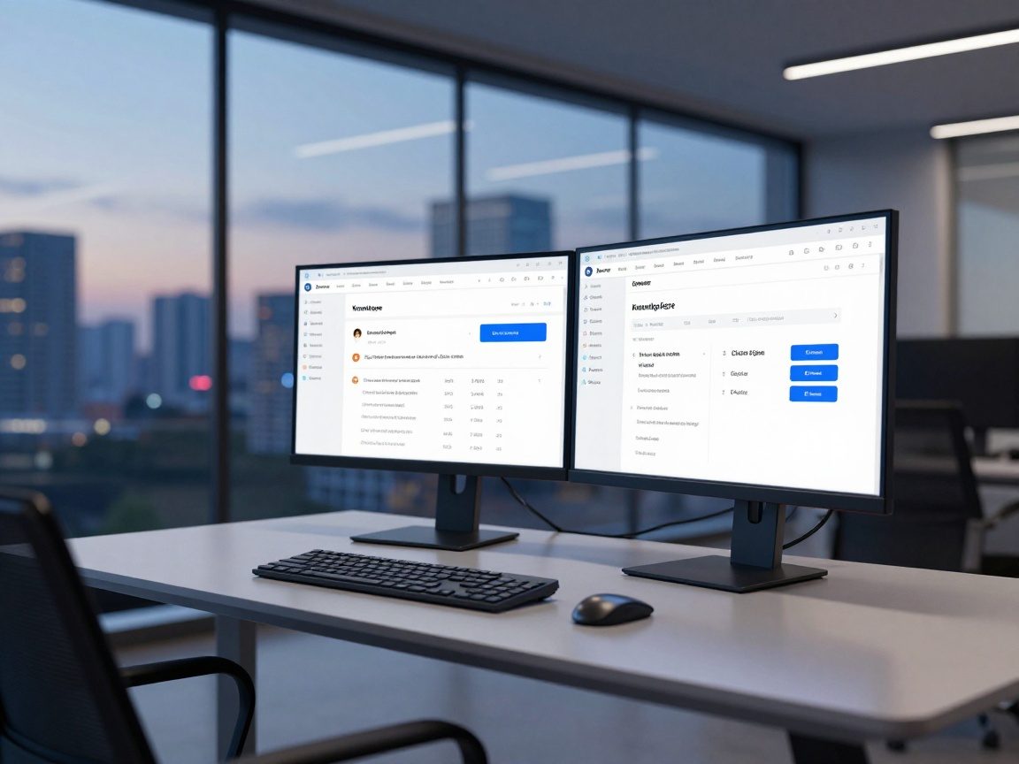Photorealistic studio shot of an IT helpdesk control room with a glass wall overlooking a city skyline, soft blue LED strip lighting, dual monitors displaying a knowledge base dashboard and AI chat bubbles on a sleek standing desk.
