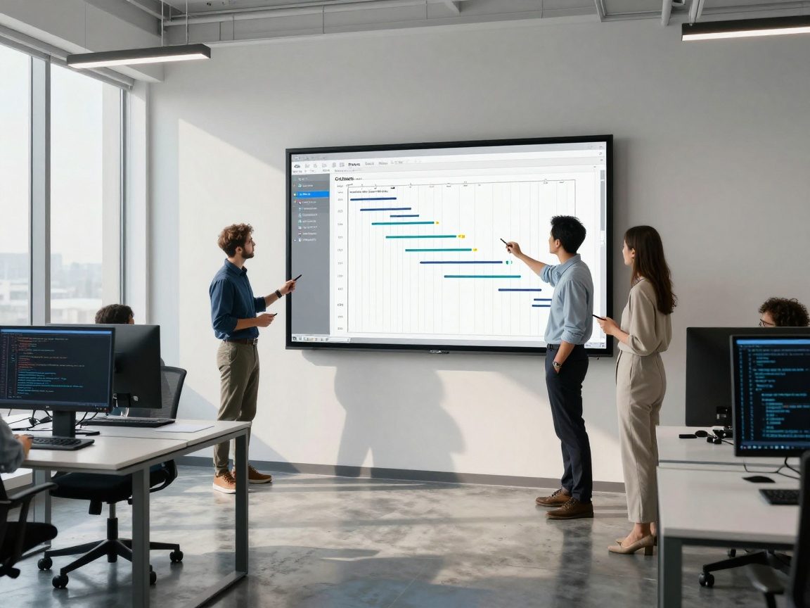Modern office with digital wall display of Gantt chart, diverse IT team pointing at milestones, natural light, polished concrete floors, laptops open