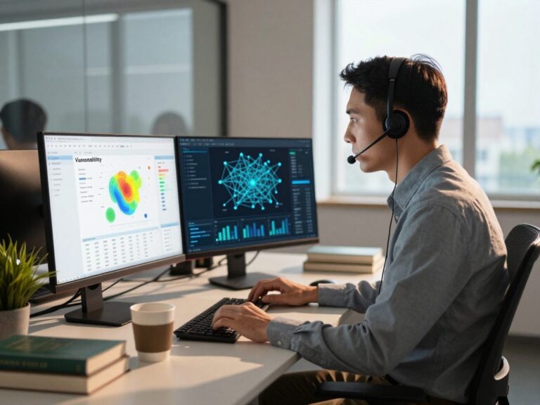 Photorealistic image of a mid‑30s IT security manager seated in a modern office, focused on dual monitors displaying a vulnerability dashboard and network topology graph, with natural daylight from a window and subtle golden hour glow.