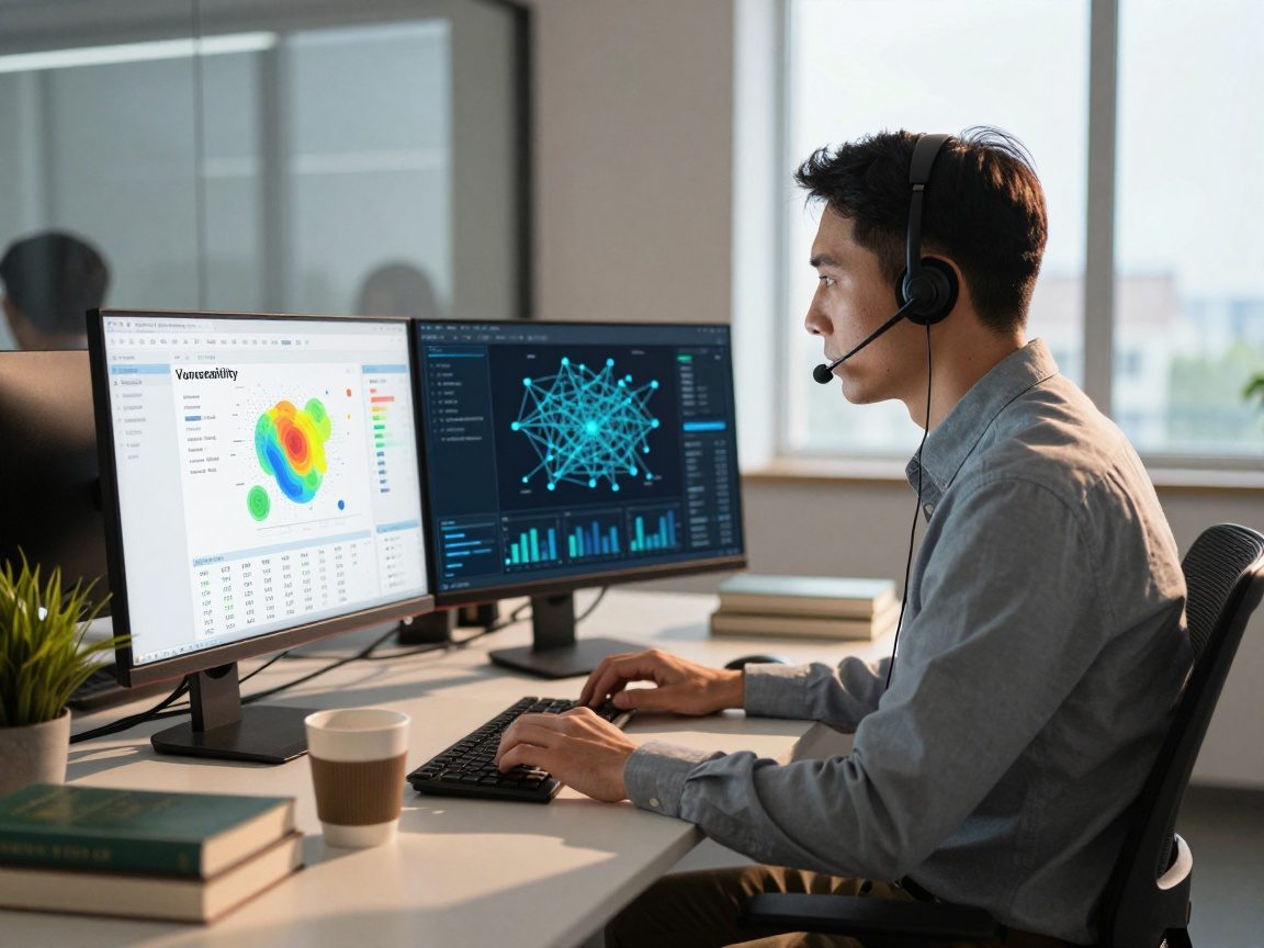 Photorealistic image of a mid‑30s IT security manager seated in a modern office, focused on dual monitors displaying a vulnerability dashboard and network topology graph, with natural daylight from a window and subtle golden hour glow.