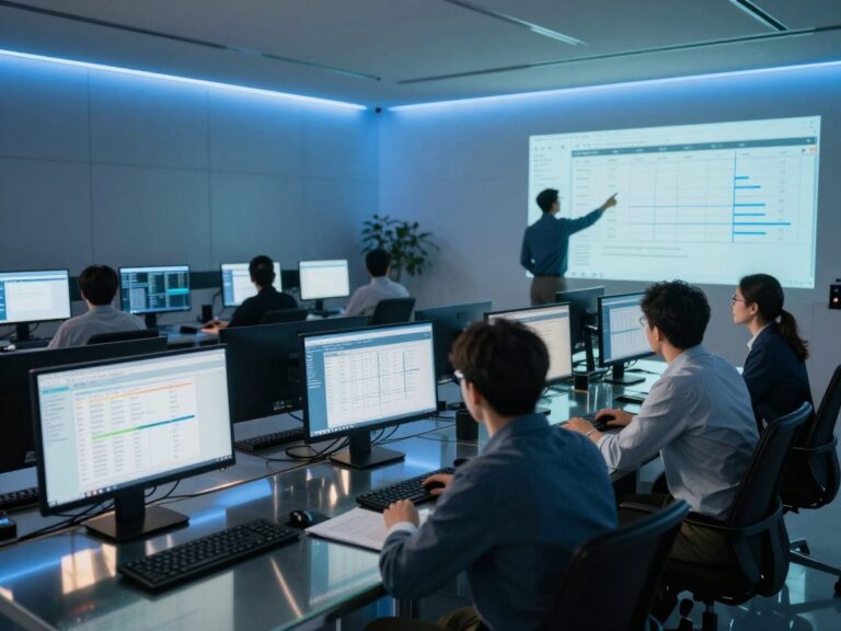 Modern IT support control room with dual monitors, KPI dashboards, and technicians in smart casual attire collaborating around a glass table under soft blue LED lighting.