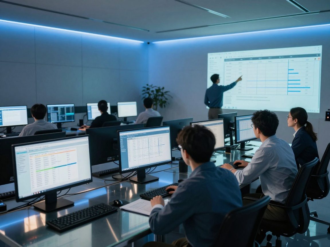 Modern IT support control room with dual monitors, KPI dashboards, and technicians in smart casual attire collaborating around a glass table under soft blue LED lighting.