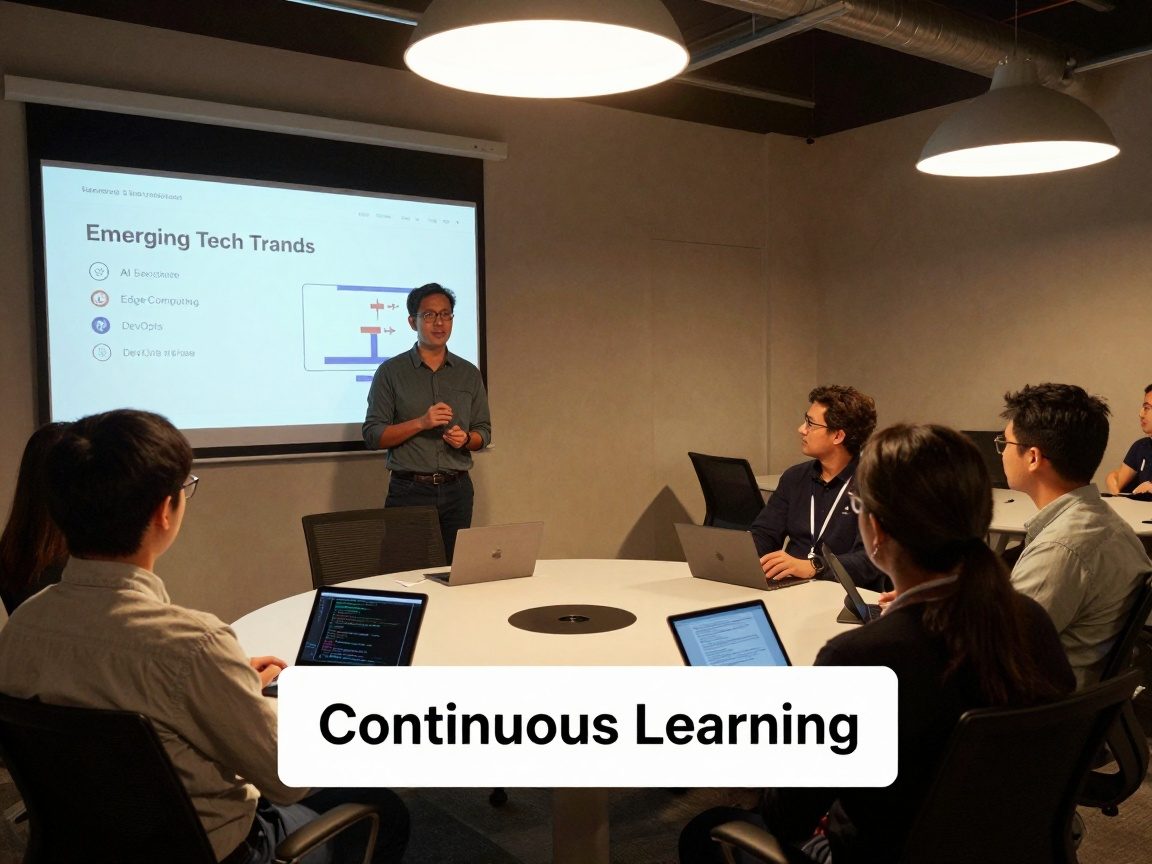 Medium shot of a team leader speaking to colleagues in a cozy breakout area, using a portable projector to show a slide on AI, Edge Computing and DevOps pipelines while team members view code on tablets.