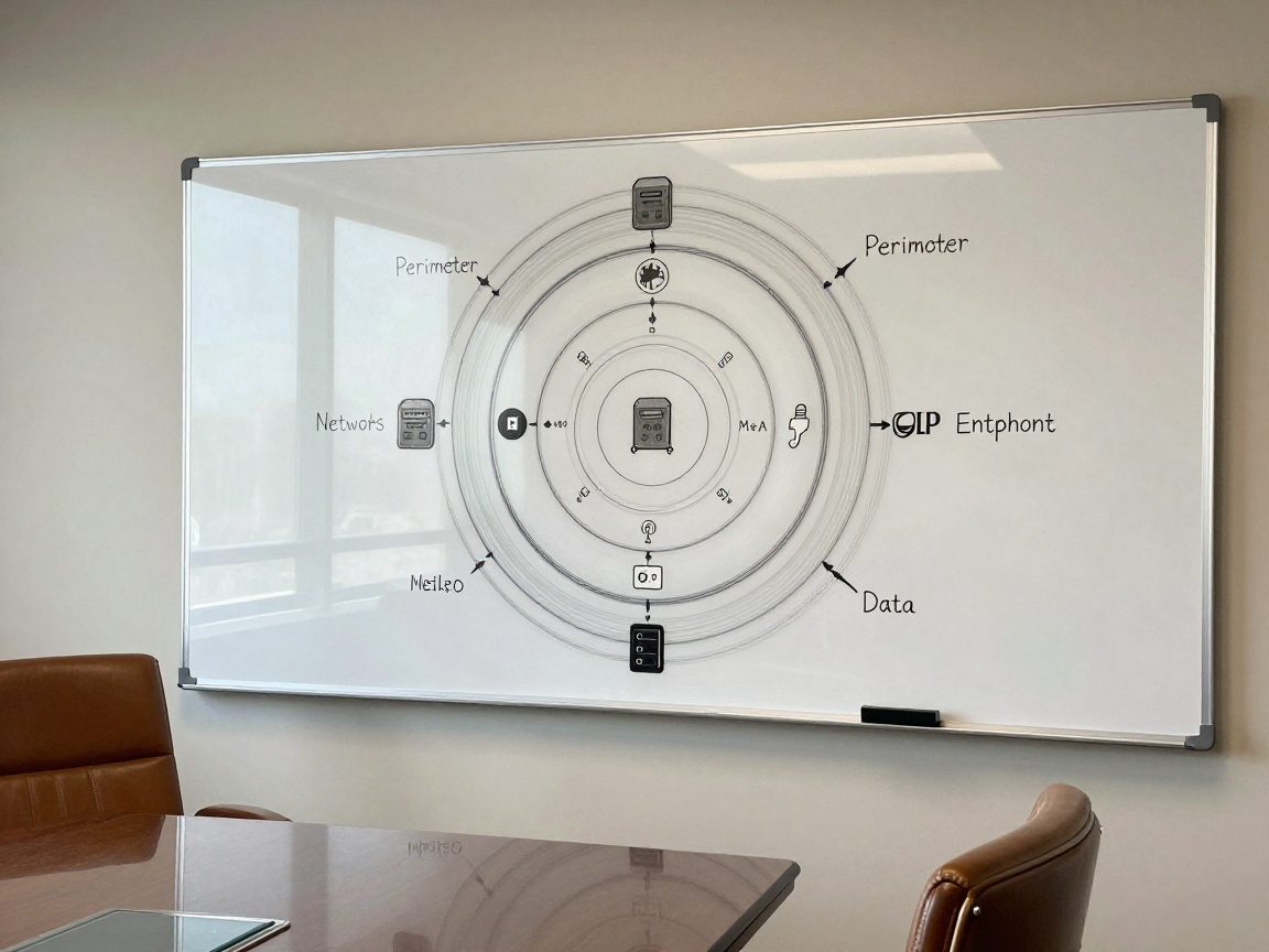 Medium‑shot of a whiteboard covered with a hand‑drawn layered defense diagram featuring concentric circles labeled Perimeter, Network, Endpoint, and Data, illustrated with icons for firewalls, IDS/IPS, MFA, encryption keys, and DLP. Natural daylight illuminates the scene.