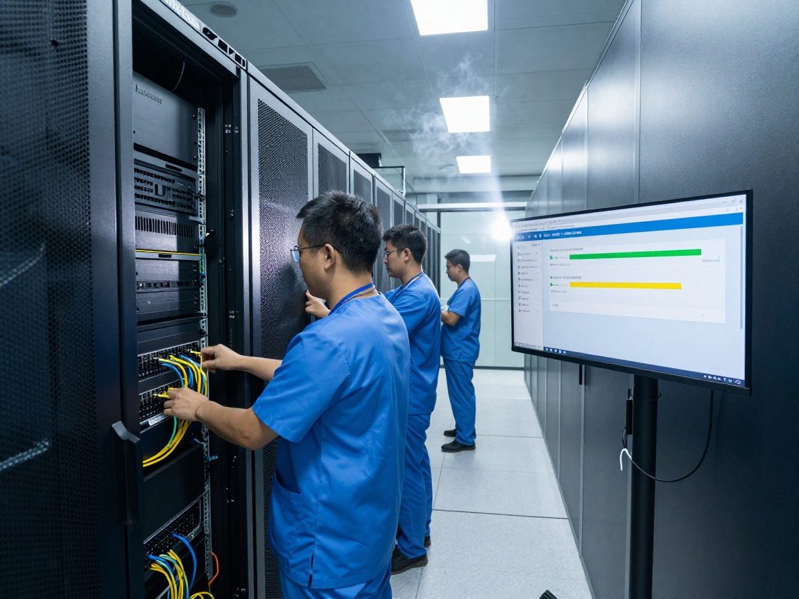 Wide‑angle view of a server room during deployment, technicians in blue scrubs connecting cables to rack‑mounted servers while a large monitor displays a live progress bar under cool white LED lighting.