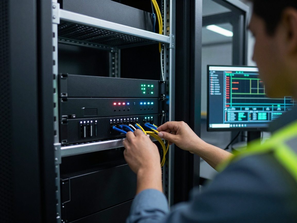 Technician in safety vest adjusts cables on a matte black firewall appliance inside a gleaming server rack, with LED status lights and network traffic monitor visible.