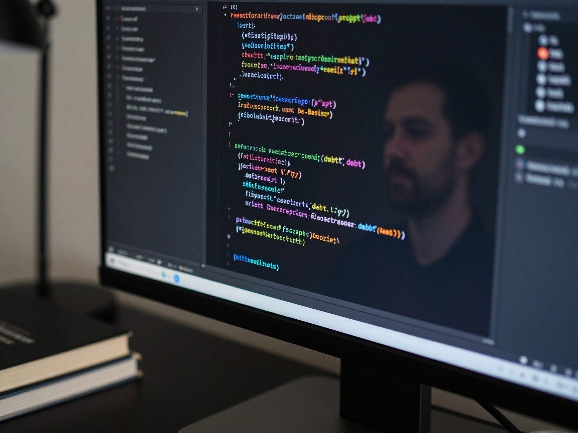 Close‑up of a high‑resolution monitor displaying refactored JavaScript code with comments, surrounded by a matte black desk and tech books, illuminated by soft lamp light.