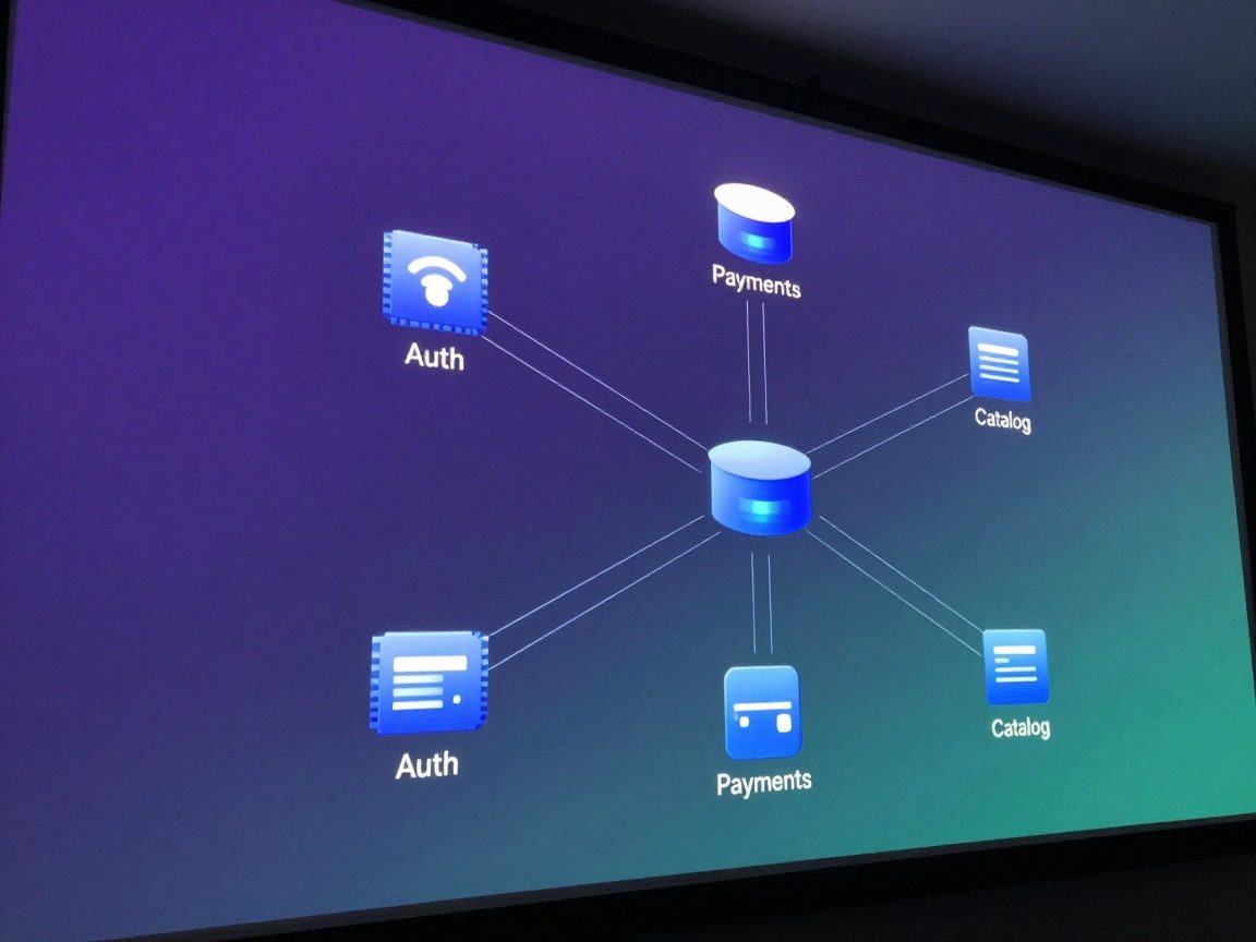 Wide-angle view of a cloud‑native environment on a large wall display with floating container icons labeled Auth, Payments, Catalog above a stylized Kubernetes cluster diagram connected by flowing lines, set against a deep purple to teal gradient background.