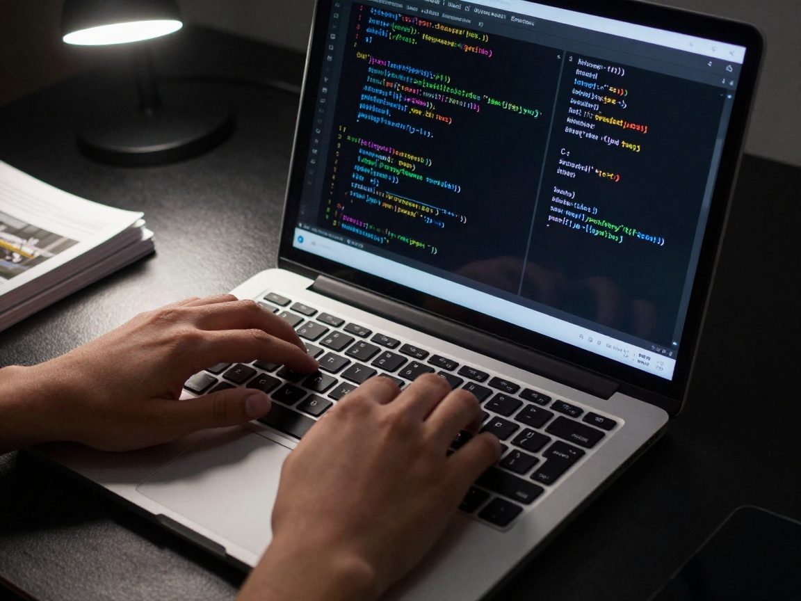 Close‑up of researcher’s hands typing on a laptop displaying LaTeX equations and Python/C++ code, set against a matte black desk with LED lighting and journals nearby.