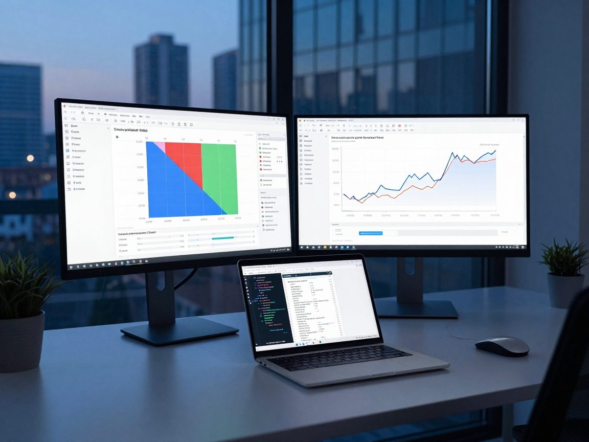 Modern data scientist workstation bathed in blue LED light, dual monitors show heatmap of cross‑validation folds and validation loss line chart, laptop displays Jupyter notebook code, glass wall reflects twilight city skyline.