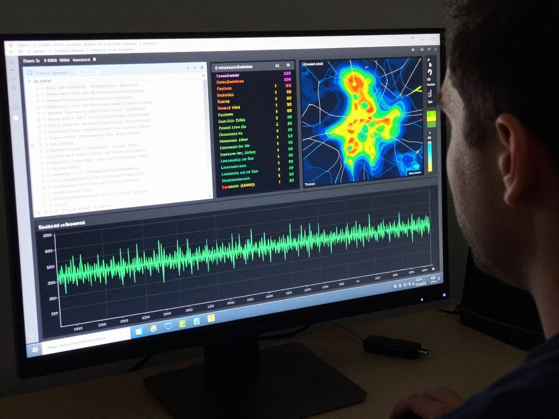 Close‑up of a high‑definition monitor showing a SIEM dashboard with real‑time alerts, network traffic graphs, heat map of anomalous activity, log entries, threat level indicator and incident timeline; ambient glow on analyst’s face.