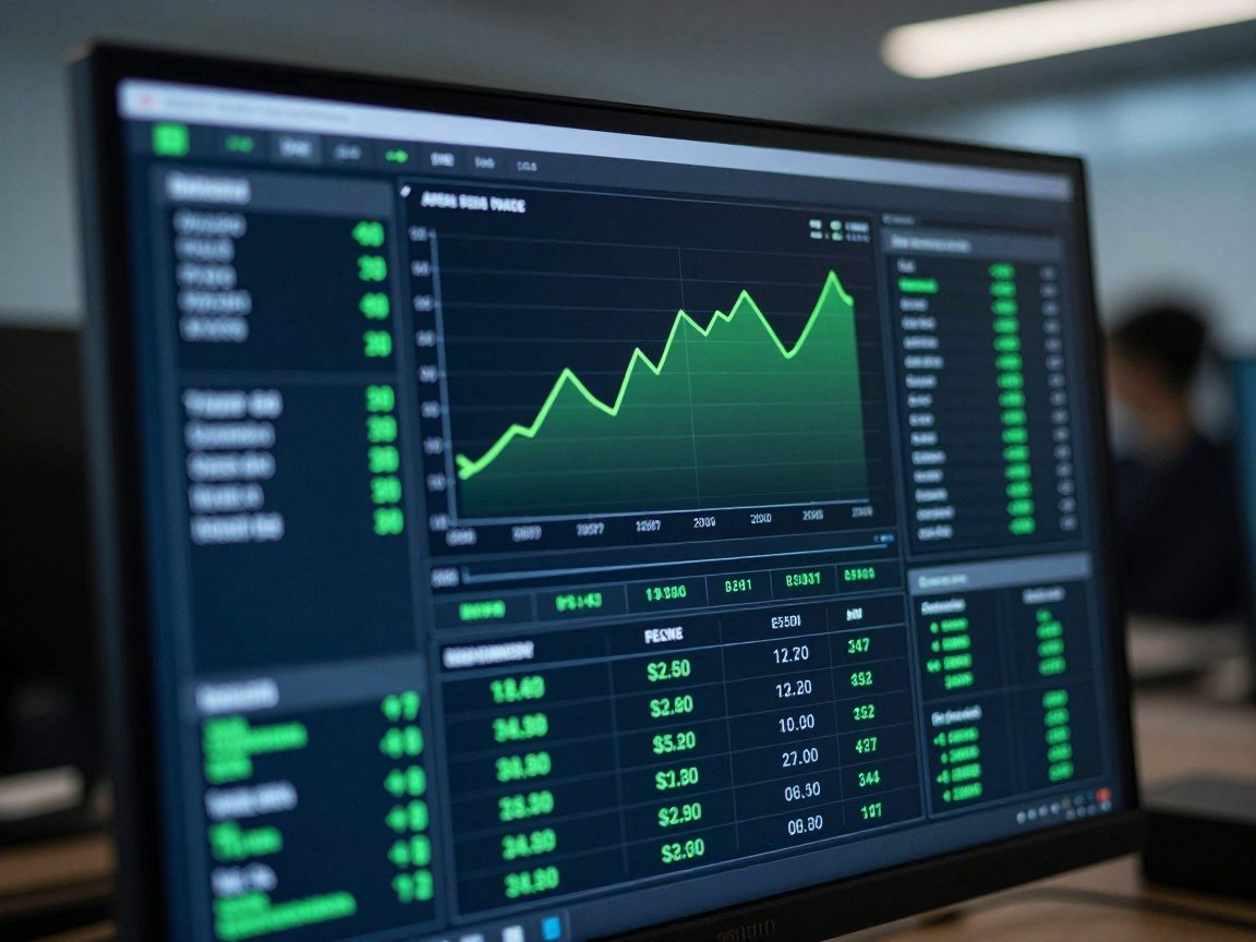 Close-up of a high-resolution monitor displaying a real-time monitoring dashboard with graphs, alerts, and system health indicators in dark mode highlighted by neon green metrics; subtle LED glow and blurred office background.