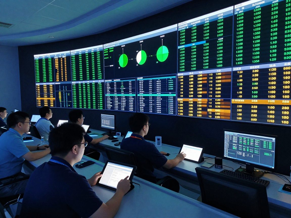 Wide-angle view of a control room wall covered in large LED panels displaying real-time KPI dashboards for user adoption, ticket volume, and system uptime; technicians monitor data on tablets with focused expressions.