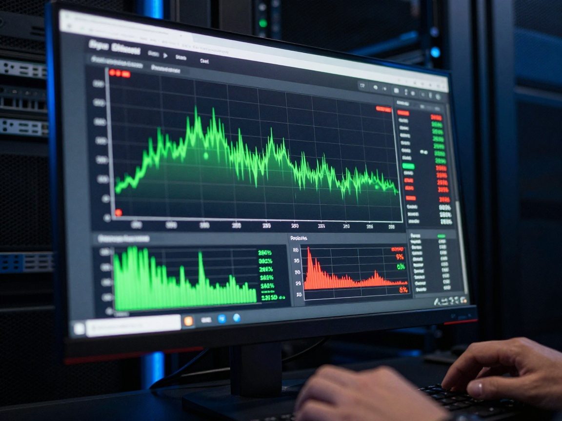 Close-up of a high-definition monitor showing live network graphs with green bandwidth bars, red latency spikes, and packet loss percentages; technician’s hands type commands on a terminal in a dark server room with blue LED lighting.