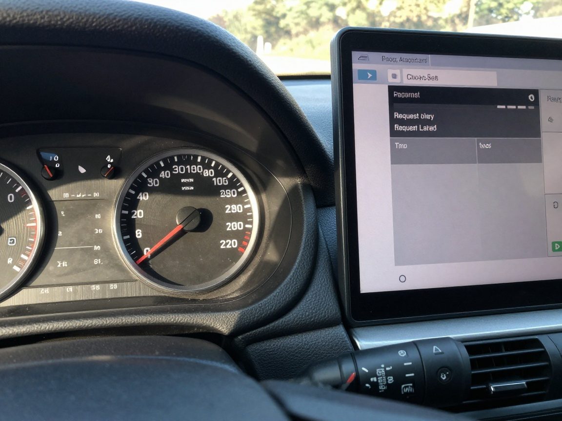 Close‑up view from a driver’s seat showing an analog car speedometer and fuel gauge beside a laptop screen displaying real‑time DevOps metrics such as latency and error rates, with natural daylight lighting the scene.
