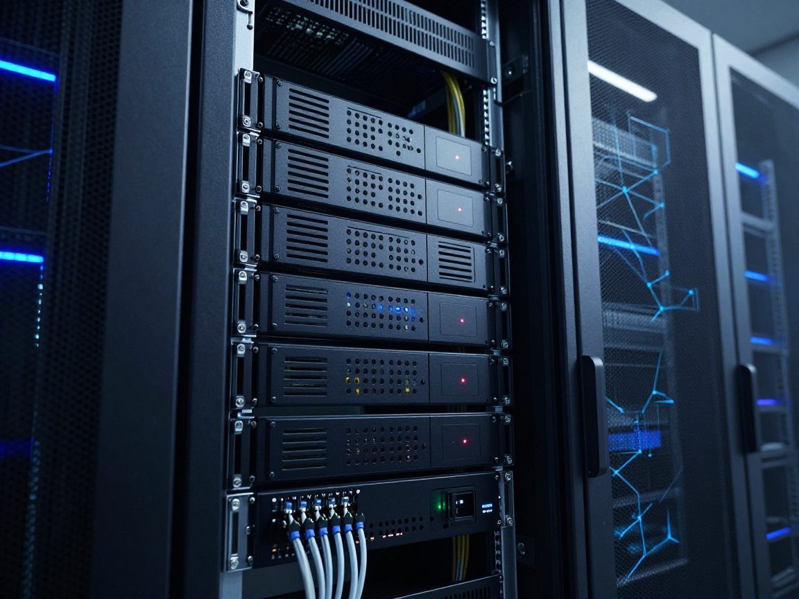 Photorealistic studio shot of a sleek black data center rack filled with switches and routers, illuminated by cool blue RGB strip lighting, low-angle view highlighting polished metal chassis and translucent cable panels.