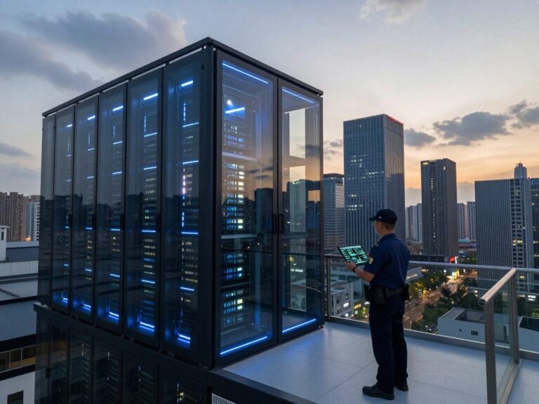 Photorealistic wide‑angle view of a modern data center exterior at dusk, illuminated by blue LED strips and spotlights, with a security guard holding a tablet on a raised platform.