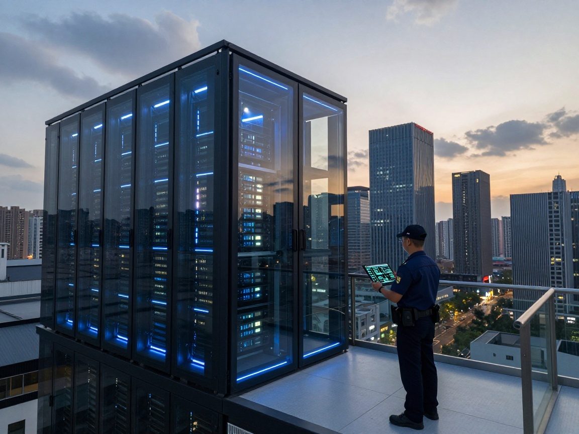 Photorealistic wide‑angle view of a modern data center exterior at dusk, illuminated by blue LED strips and spotlights, with a security guard holding a tablet on a raised platform.