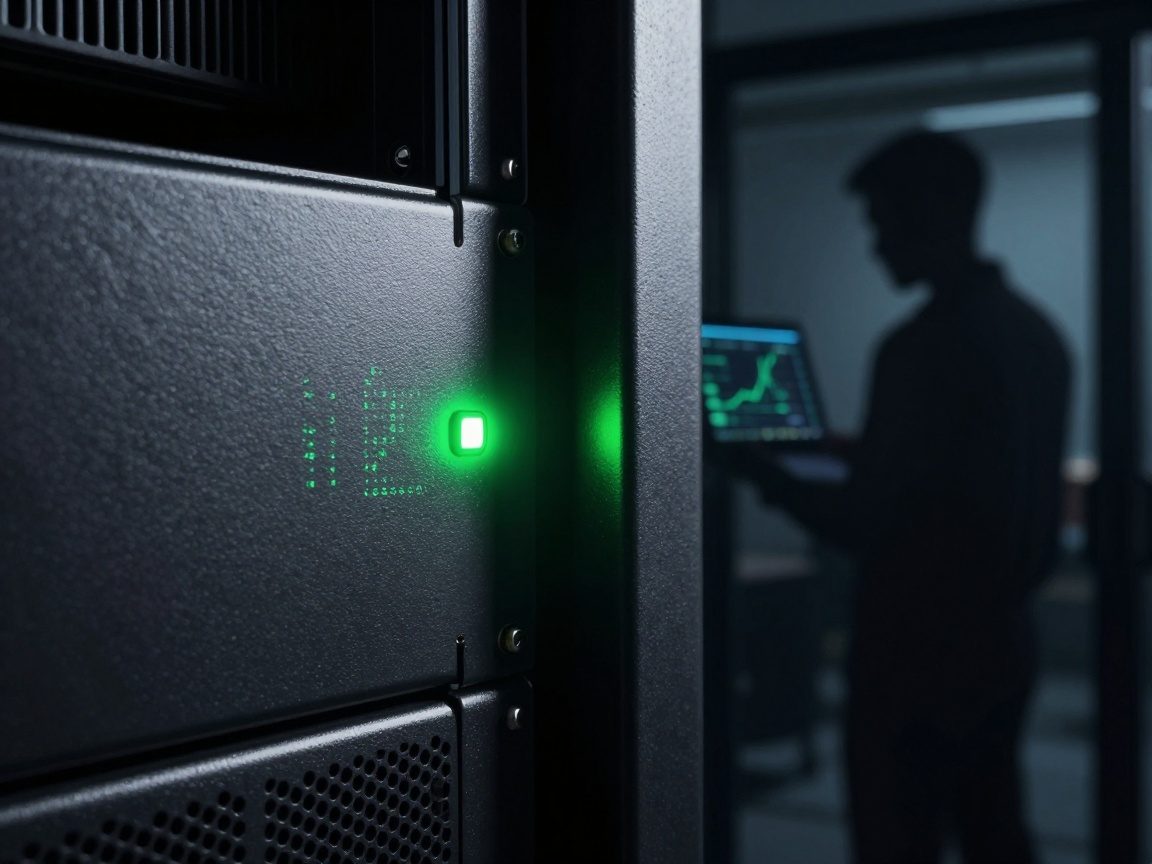 Close‑up of a glowing green status LED on a server rack with reflected real‑time log stream; faint silhouette of a DevOps engineer holding a tablet visible through glass.