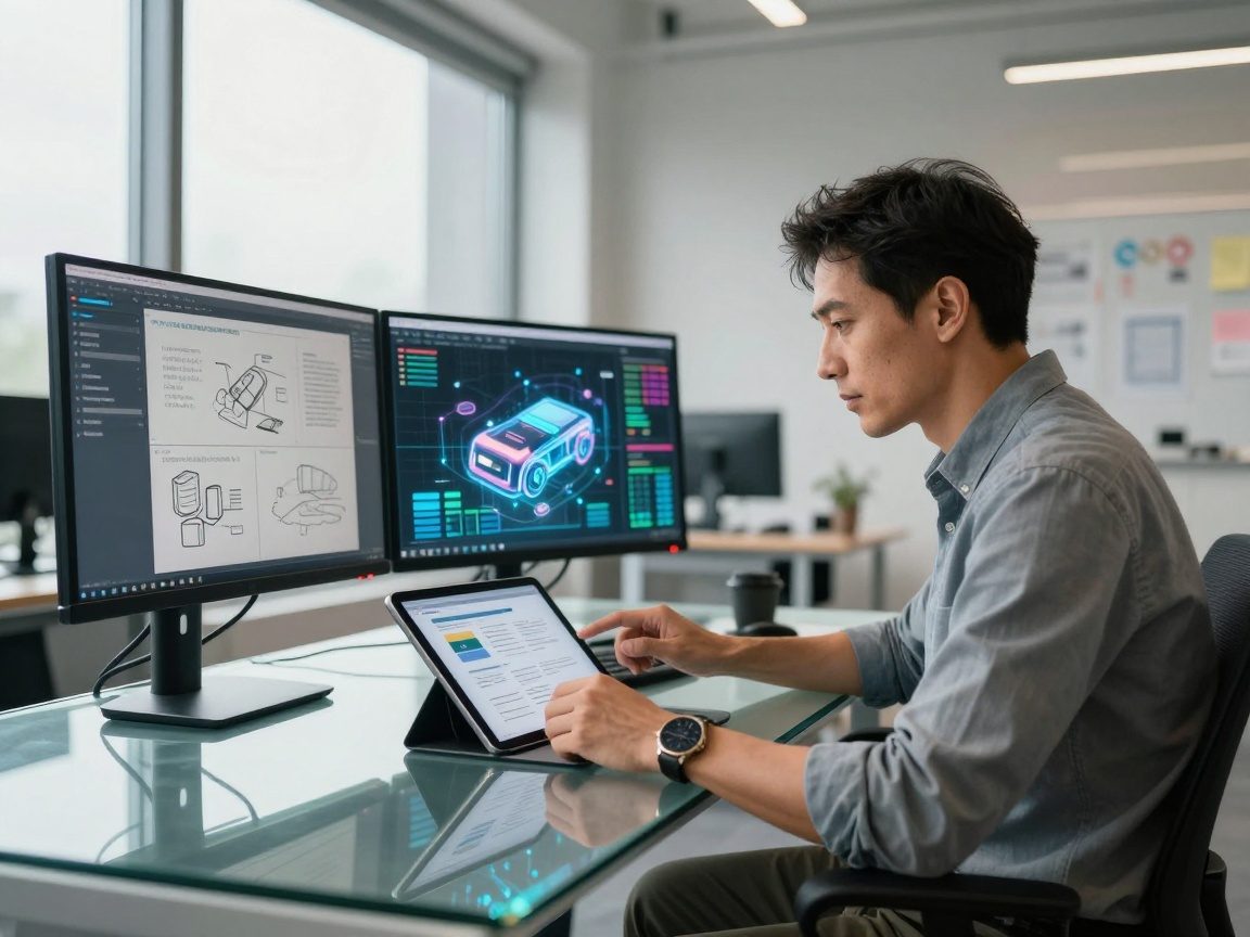 A mid‑career professional sits at a glass desk with dual monitors showing data dashboards and a holographic 3D product model hovering above, reviewing a tablet brief in a bright, tech‑savvy office.