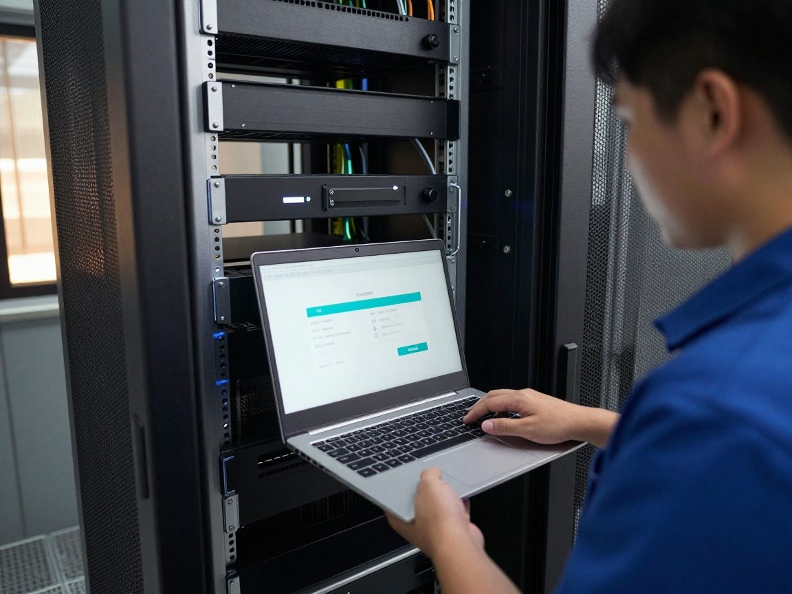 A technician applies a patch update to a server rack using a laptop, while LED strip lights illuminate the polished metal and cable management; a translucent overlay shows progress and compliance status.