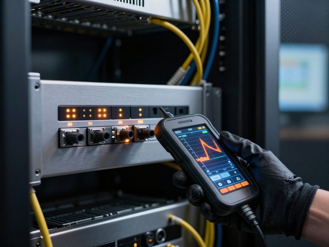 Close-up of a brushed aluminum cable management panel in a server rack, showing labeled cables and a handheld device displaying IOPS spikes on an orange graph; amber LED indicators signal high latency alerts.