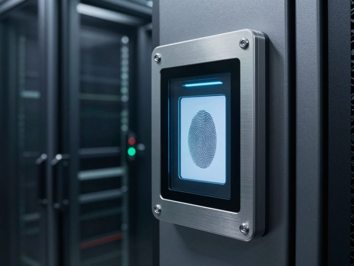 High-resolution fingerprint scanner on a brushed steel frame, translucent glass surface, ambient LED lighting highlighting sensor texture, with a mantrap door and interlocking latches in the background.