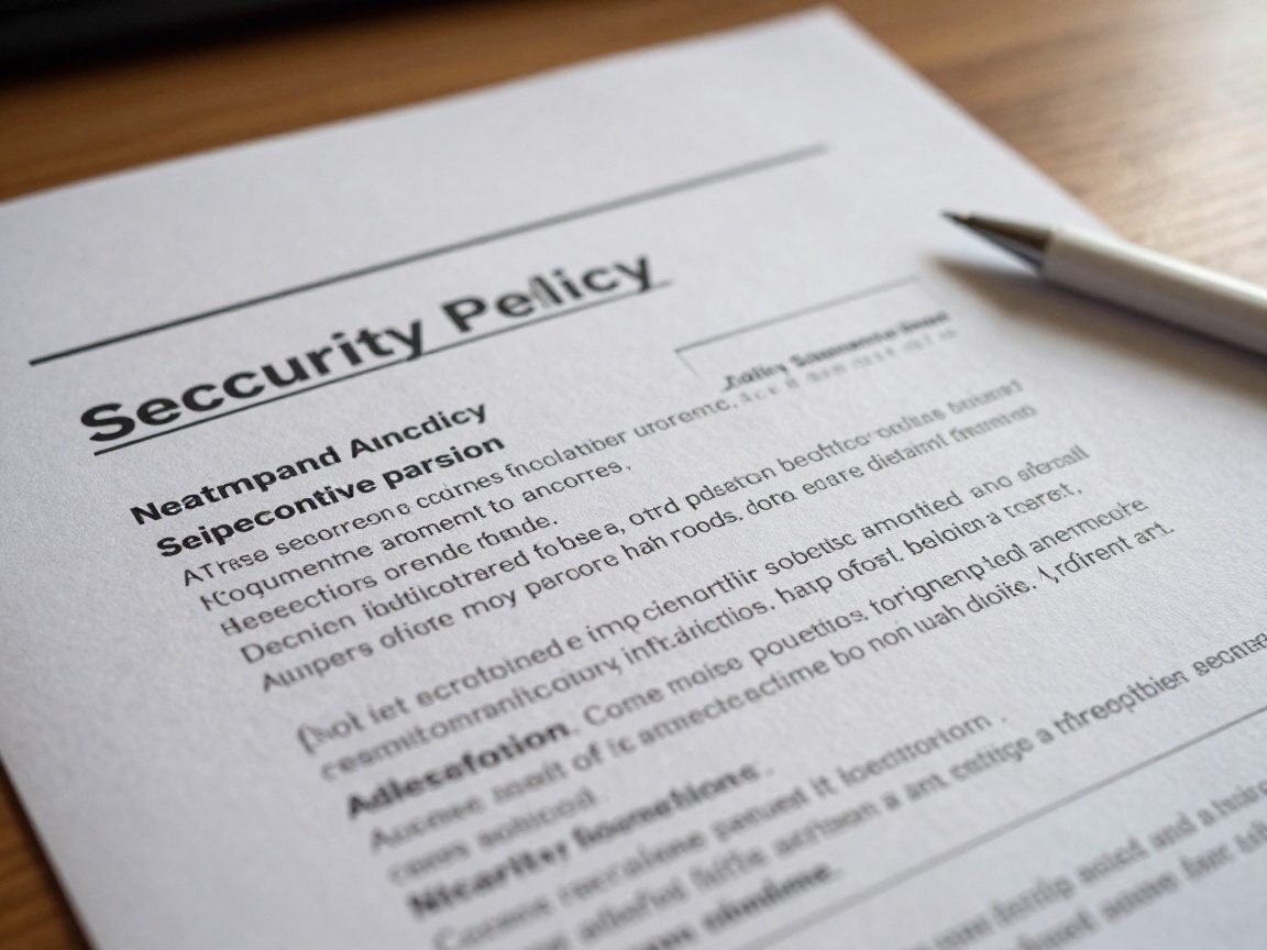 Close‑up of a crisp security policy document on a wooden desk, ink lines sharp, subtle paper grain visible, stylus beside the page under soft overhead lighting.