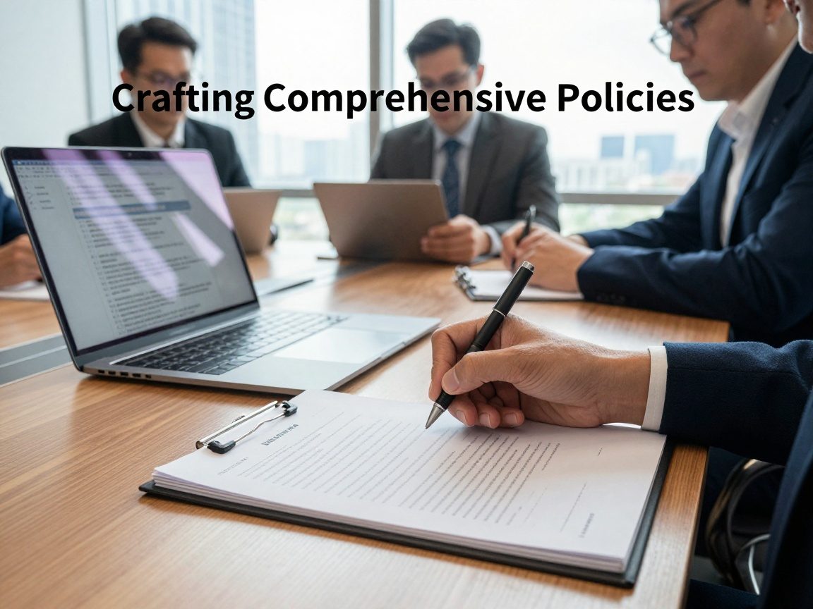 Close‑up of a hand writing on a legal pad while a laptop displays a policy template, surrounded by colleagues at a conference table in natural light.