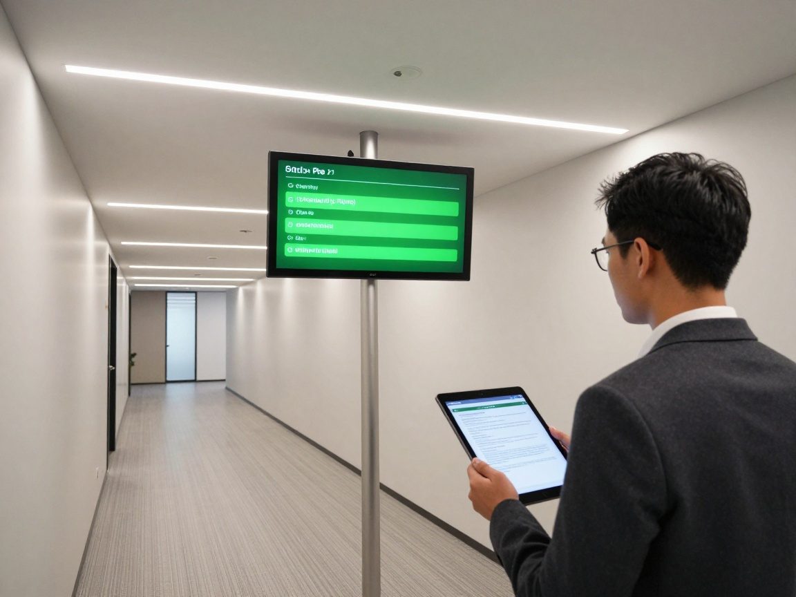Wide‑angle office hallway with a digital signboard showing a green compliance bar; a security analyst in a smart blazer holds a tablet displaying a policy violation report.