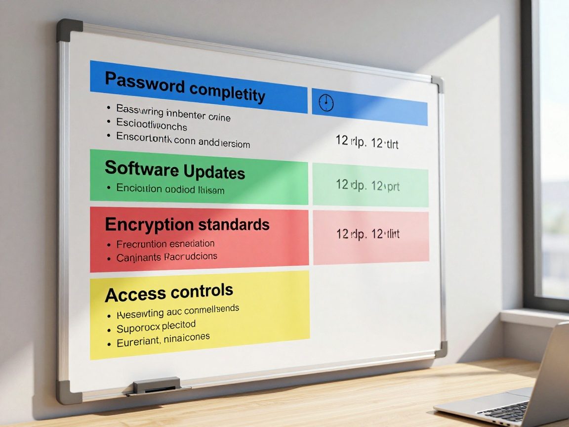 Medium‑shot of an IT security analyst’s desk featuring a laminated whiteboard chart with color‑coded sections for password complexity, software updates, encryption standards, and access controls, each with concise bullet points in Arial font. A digital timer icon indicates compliance deadlines. Natural daylight from a window to the right illuminates the scene, creating soft shadows that enhance depth.