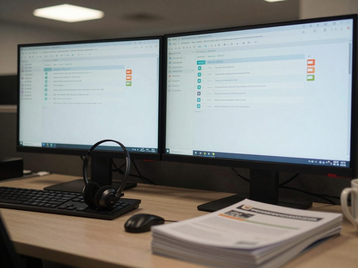 Extreme detail shot of a help desk: dual monitors displaying ticketing system with status icons, headset on chair, stack of user manuals, ambient recessed lighting and reflection of coffee mug.