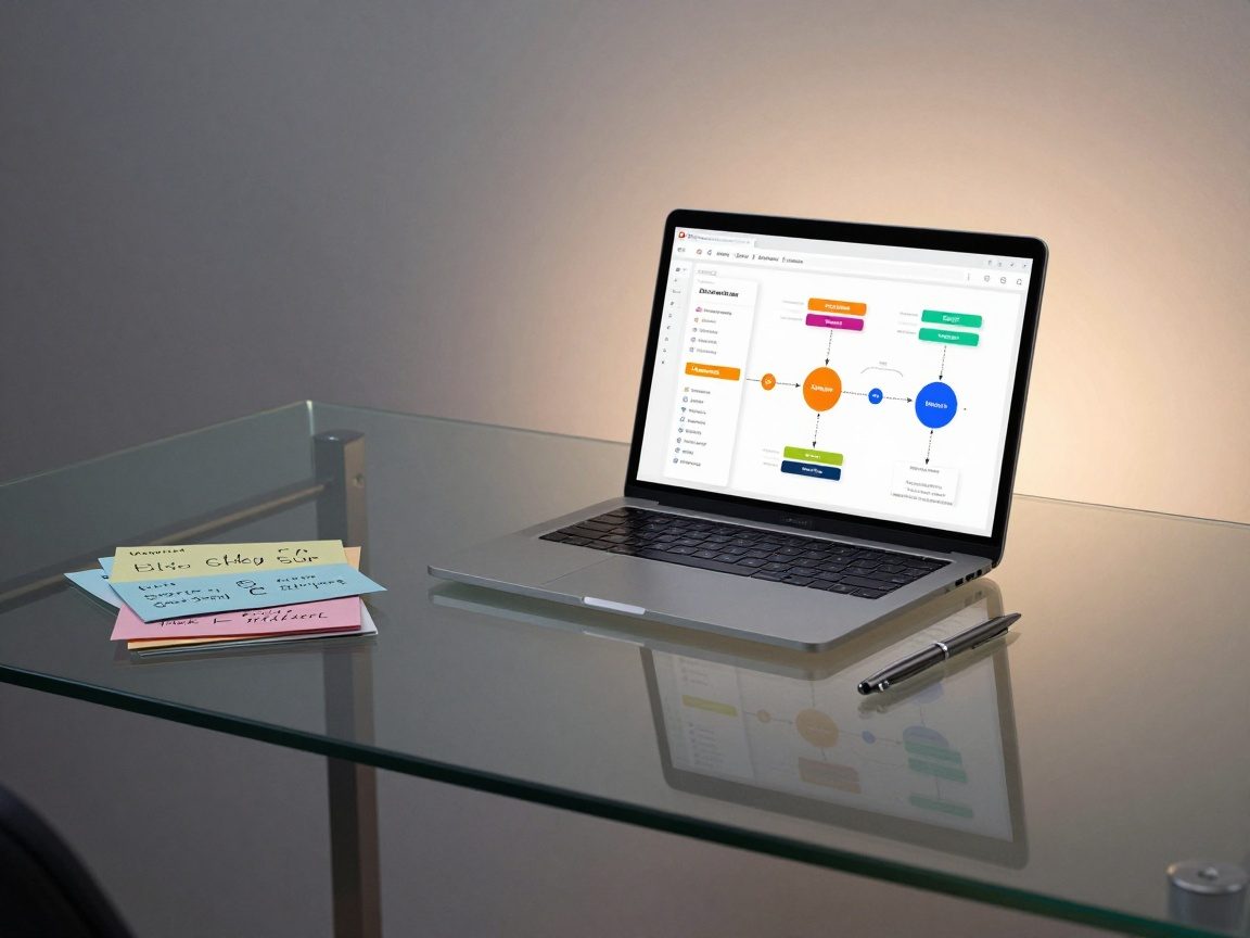 Photorealistic image of a glass desk at dusk, soft backlighting highlights an open laptop showing a colorful product roadmap, surrounded by pastel user story cards and a metal pen on a minimalist office wall.