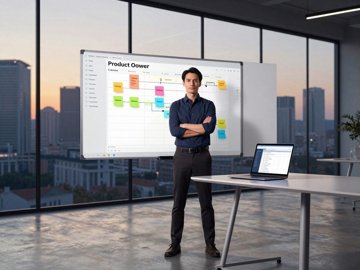 Photorealistic image of a confident Product Owner standing center stage in a sleek agile office with a glass wall overlooking a dusk city skyline, golden hour light illuminating polished concrete and a whiteboard displaying a colorful sprint backlog diagram.