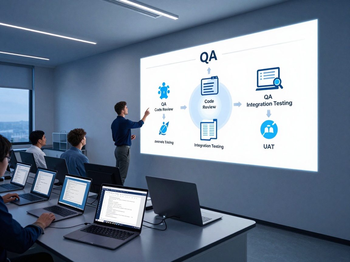 Wide shot of a team leader standing beside a large wall display in a QA lab at dusk, showing a QA pipeline diagram with code review, unit testing, integration testing, and UAT icons; floor has stacked laptops running automated test scripts; cool blue LED strip lighting illuminates the room.
