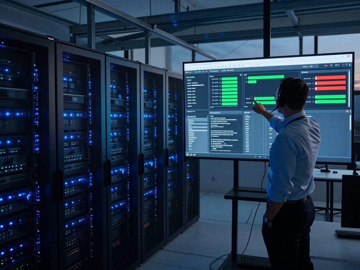 Medium shot of a Project Manager wearing a headset standing near a wall monitor in a data center control room at dusk, pointing to a highlighted section on a live dashboard displaying green progress bars and red error alerts while rows of servers glow with blue LEDs.