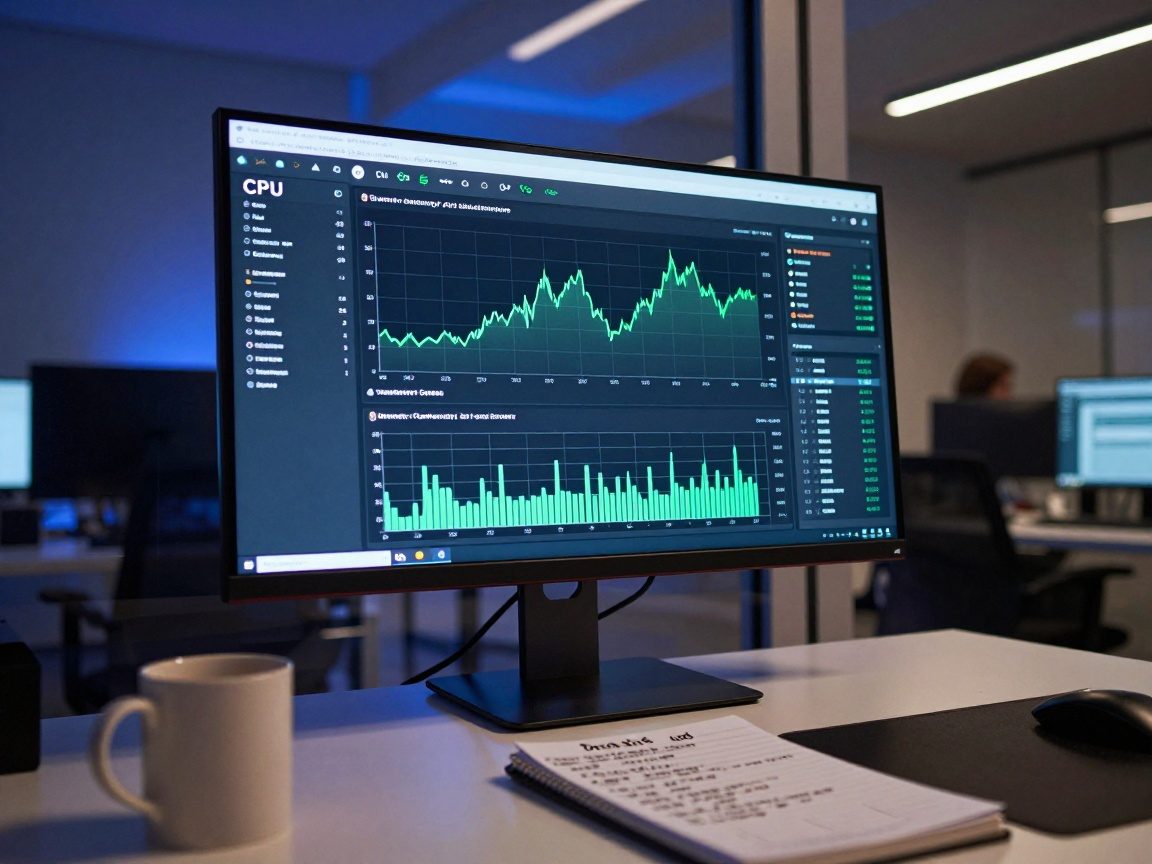 Wide-angle view of a wall-mounted monitor displaying a Grafana dashboard at night, illuminated by soft blue LED backlighting; live CPU, memory, and network graphs with green trend lines are visible. A coffee mug and notepad with scribbled alerts sit on the desk, while ambient office lights cast gentle reflections on the glass surface.
