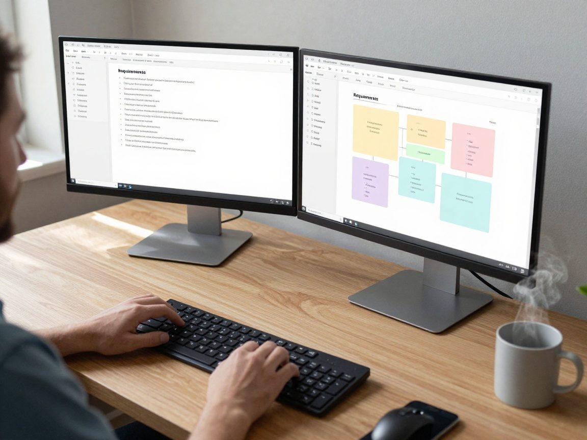 A product manager sits at a dual‑monitor workstation drafting user stories; one screen shows a text editor with bullet points and diagrams, the other displays a pastel mind map. The matte wood desk, ceramic mug steaming softly, and ambient daylight create a calm, organized atmosphere.