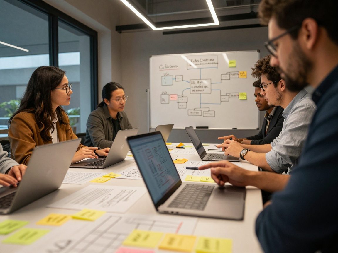 Close‑up of a workshop table covered in sticky notes, laptops, and a whiteboard filled with flowcharts; diverse stakeholders discuss while pointing at diagrams under warm LED lighting.