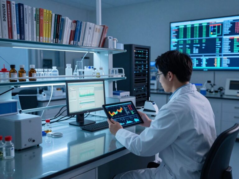 Wide-angle shot of a modern research lab bathed in soft blue LED lighting, featuring glass workbenches, stainless steel equipment, and a researcher in a white coat holding a tablet with data dashboards.
