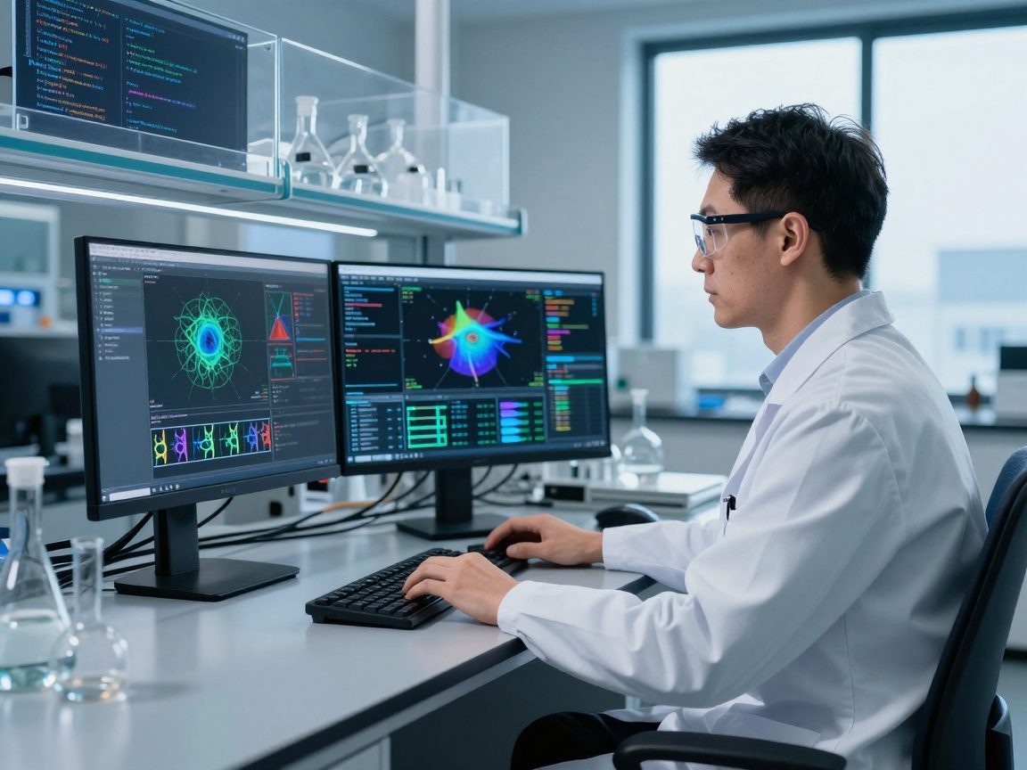 Portrait of a research scientist in a white lab coat seated at a dual‑monitor workstation, viewing 3D fluid dynamics simulations on a dashboard with Python and MATLAB code on transparent screens.