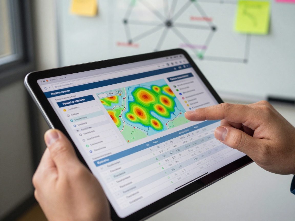 Close-up of a security engineer's hands holding a high-resolution tablet displaying a layered risk assessment diagram with color-coded threat vectors, vulnerability heat maps, and compliance checklists.