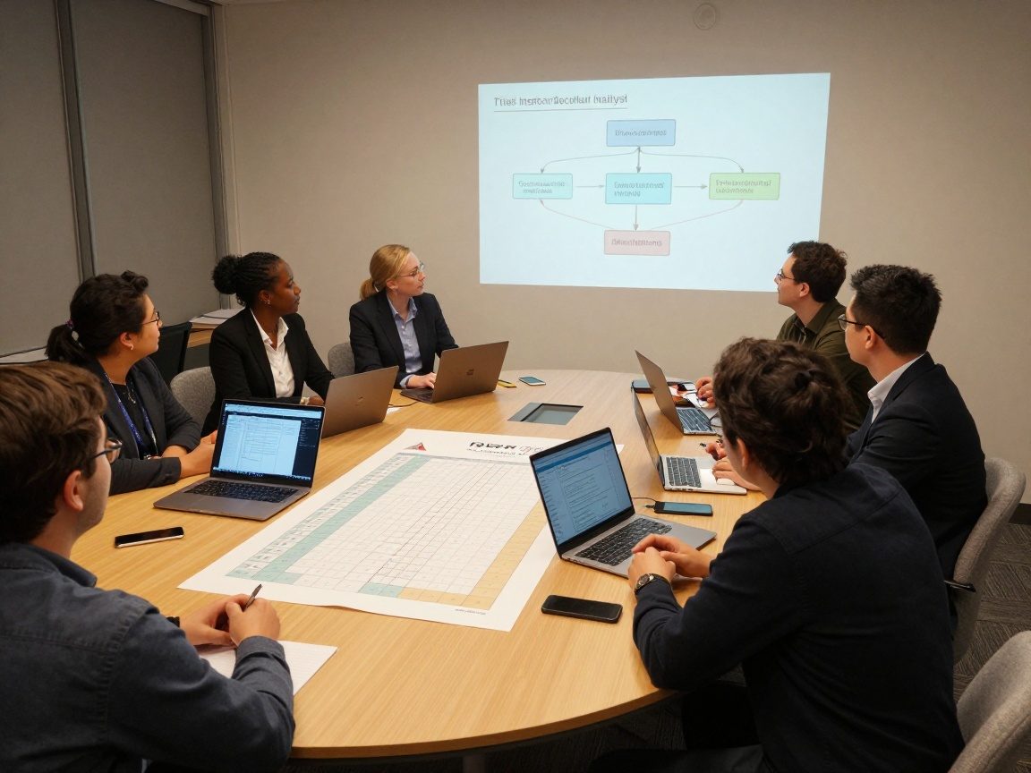 Wide‑angle view of a diverse team around a round table in a modern office, reviewing a laminated risk matrix and laptop dashboards while a whiteboard displays threat flowcharts.