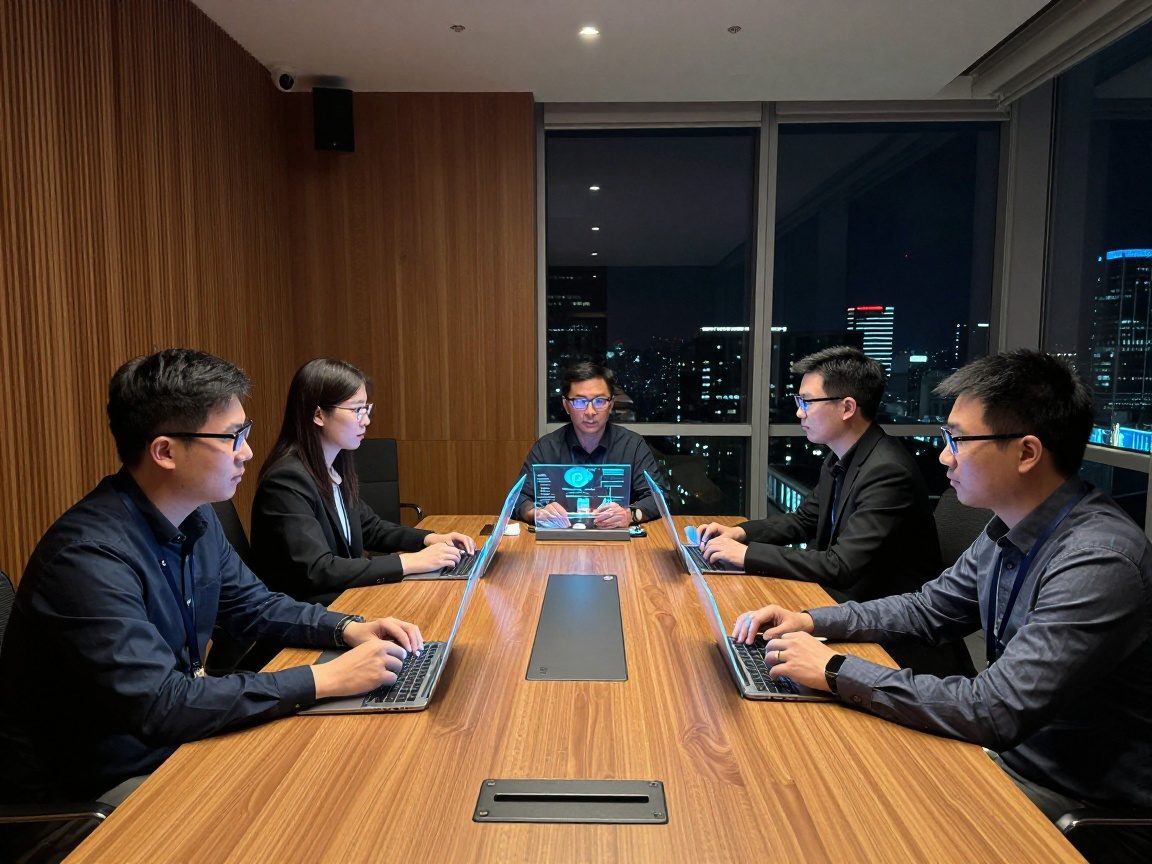A medium shot of analysts wearing smart glasses projecting holographic risk matrices onto a polished oak table inside a modern conference room, with cool lighting and a night cityscape visible through a large window.