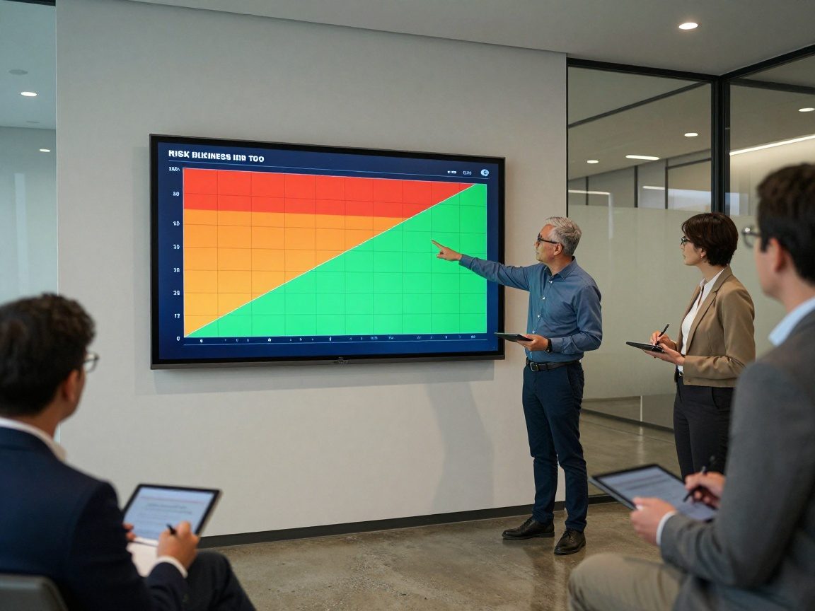 Medium shot of an executive briefing room with a large wall-mounted screen displaying a dynamic risk heat map in red, orange, and green zones; a senior IT manager points to the screen while colleagues take notes on tablets.