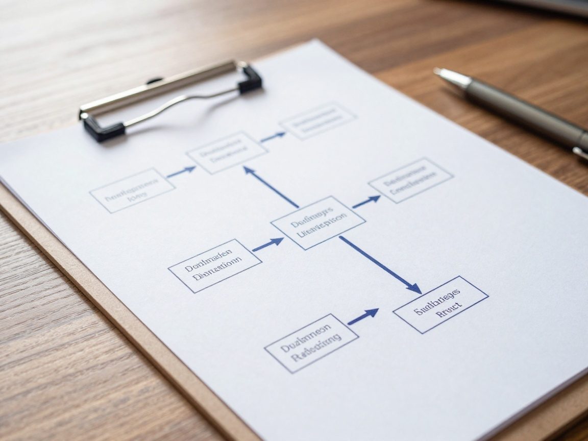 Close-up of a laminated clipboard holding a printed rollback plan with dark blue flowchart lines and decision points, set on a polished wooden desk with a pen beside it under soft natural light.
