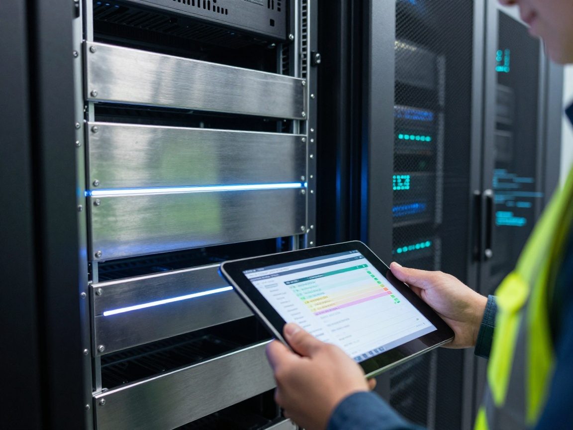 Close‑up of polished steel server rack units illuminated by cool LED strips; technician in reflective vest holds tablet showing vulnerability scan with color codes.
